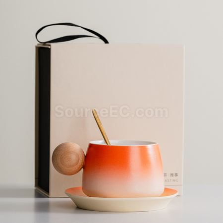 禮品訂造漸變木柄陶瓷咖啡杯禮盒紀念品