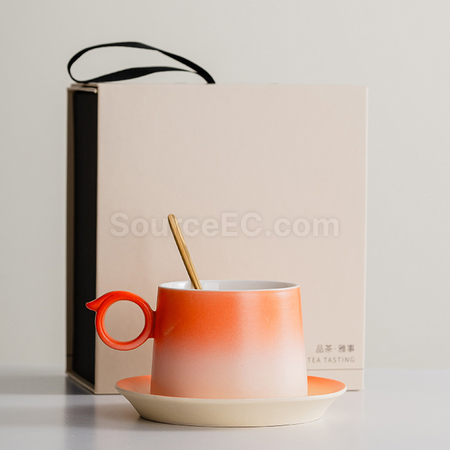 禮品訂造漸變木柄陶瓷咖啡杯禮盒紀念品