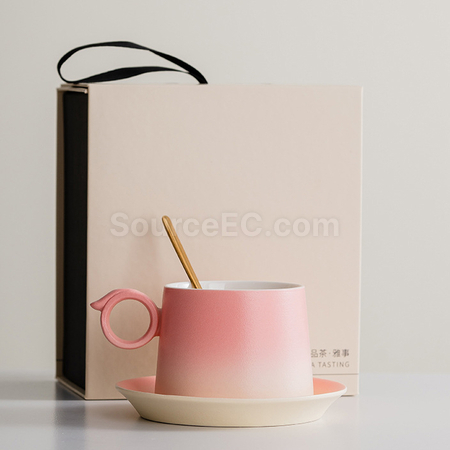禮品訂造漸變木柄陶瓷咖啡杯禮盒紀念品